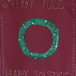Stendardo pagano dipinto a mano per Yule e Solstizio d&#39;Inverno, decorazione da parete e tovaglia per altare. Arte rituale pagana, banner festivo