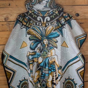 Mexican Azteca Popocatepetl 2 sided PONCHO REBOZO with HOODIE Gaban sweater