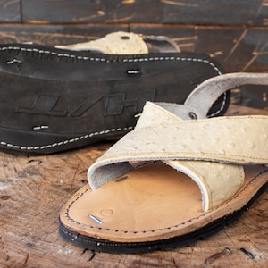 MENS LEATHER 2 STRAP ostich print mexican sandals with tire sole
