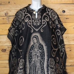 VIRGEN de GUADALUPE Virgen María 2 caras Poncho mexicano rebozo Zarape Gaban Negro/Beige