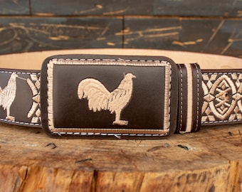 MENS WESTERN LEATHER Rooster Gallo embroidered leather belt