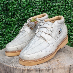 MENS CROCODILE OSTRICH faux print casual Ivory sneaker leather shoes