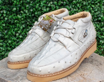 MENS CROCODILE OSTRICH faux print casual Ivory sneaker leather shoes