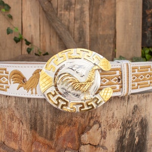 Mens WESTERN LEATHER ROOSTER gallo embroidered leather belt and buckle