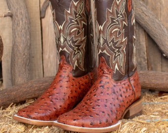 MENS Honey brown faux OSTRICH print LEATHER Cowboy wide square toe boots