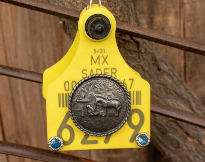 CATTLE TAG KEYCHAIN With Western Plaque and Rhinestone Arete De Vaca