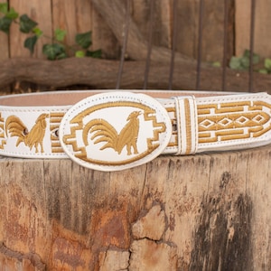 MENS WESTERN LEATHER Rooster Gallo white & gold embroidered leather belt