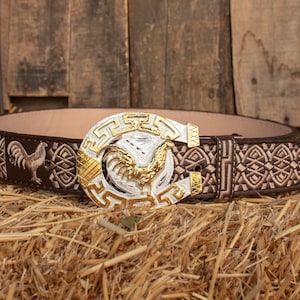 Mens WESTERN LEATHER ROOSTER gallo embroidered leather belt and buckle