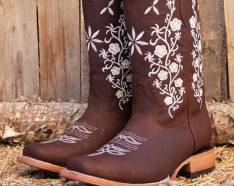 WOMENS COWGIRL cowboy square toe leather flower embroidered BOOTS