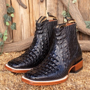 Botas vaqueras de piel para hombre, con puntera cuadrada y efecto piel de cocodrilo