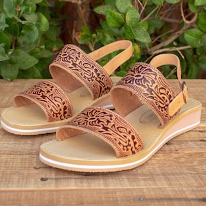 WOMENS MEXICAN SANDALS leather rose stamped open toe huarache