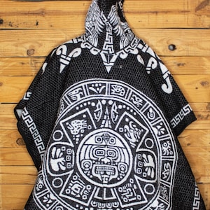 Mexican sol Azteca AZTEC Caledar double sided Mexico PONCHO Zarape with HOODIE