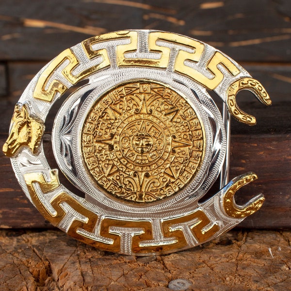 HORSESHOE AZTEC CALENDAR cowboy western belt buckle