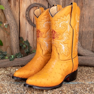 Puede incluir: Un par de botas vaqueras de cuero de avestruz amarillo con bordados intrincados. Las botas tienen una punta puntiaguda y un tacón bajo.