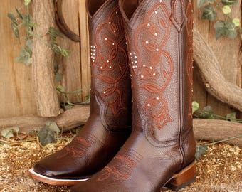WOMENS COWGIRL cowboy full grain brown EMBROIODERED square toe leather boots