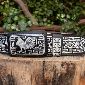 MENS WESTERN LEATHER rooster gallo charro embroidered 2 inch width leather belt