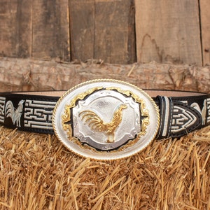 MENS WESTERN LEATHER charro cowboy rooster Gallo embroidered leather belt and buckle