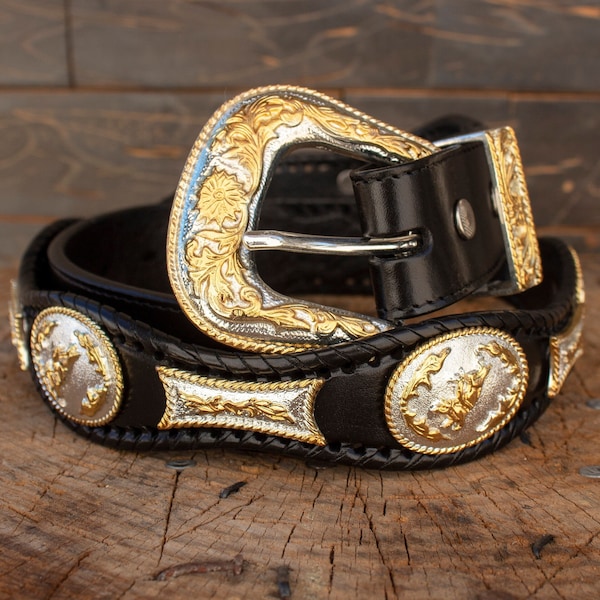 Mens LEATHER CONCHO WESTERN cowboy rodeo black belt