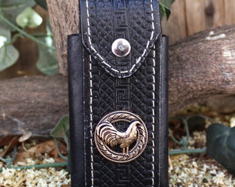 HANDCRAFTED LEATHER stamped 4 inch knife SHEATH Rooster gallo plaque funda navaja