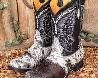 MENS black white authentic COW HAIR leather cowboy western square toe boots pelo de vaca