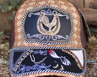 ROOSTER Gallo metal plaque western EMBROIDERED HAT adjustable trucker mesh cap
