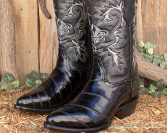 Mens AUTHENTIC black EEL skin LEATHER Cowboy western  boots Botas Anguila
