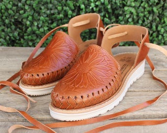 Womens LEATHER SUNFLOWER STAMPED lace up huarache Mexican sandals