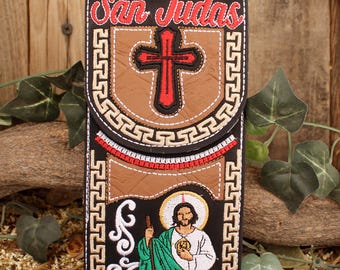 SAN JUDAS St Jude EMBROIDERED leather stamped western cell phone case pouch