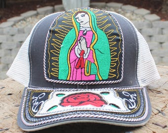 WOMENS Mens Our Lady of GUADALUPE Virgin Mary red rose embroidered adjustable hat cap with cow hair