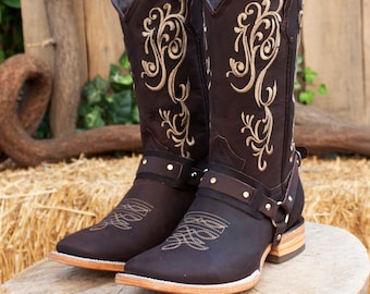 WOMENS COWGIRL cowboy square toe leather western embroidered BOOTS