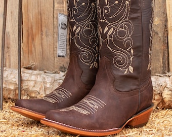 WOMENS COWGIRL cowboy square toe leather western embroidered BOOTS