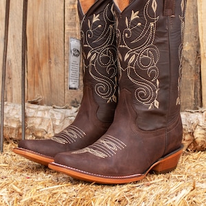 WOMENS COWGIRL cowboy square toe leather western embroidered BOOTS