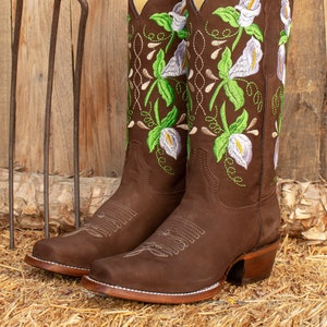 WOMENS COWGIRL cowboy square toe suede leather western embroidered tulip BOOTS Size 7 1/2