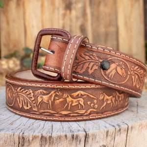 Womens Mens Unisex HORSE LEATHER STAMPED Western cowgirl cowboy leather belt cinto Caballo