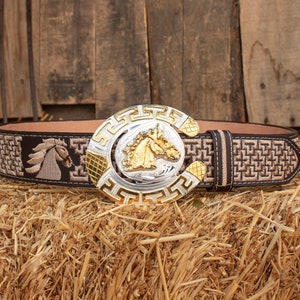 Hombre WESTERN LEATHER herradura CABALLO cinturón de cuero bordado CABALLO imagen 1