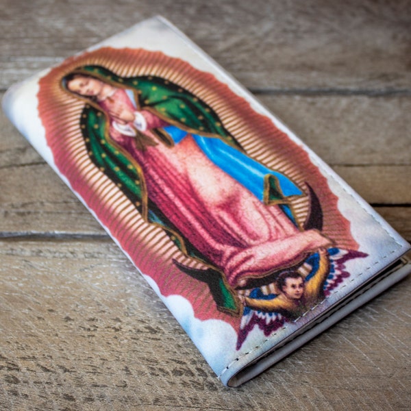 WOMENS VIRGIN MARY virgen de guadalupe lazer printed slim bifold leather wallet