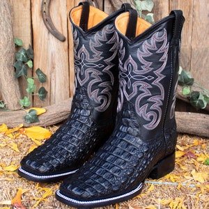 MENS black faux Crocodile Alligator print LEATHER COWBOY wide square toe boots