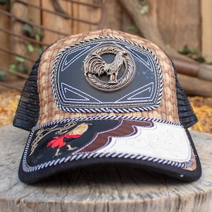 ROOSTER Gallo cockfighting metal plaque western EMBROIDERED HAT adjustable trucker mesh cap