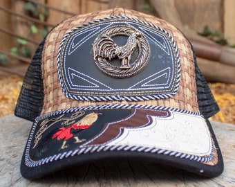 ROOSTER Gallo Cockfighting Metal Plaque Western EMBROIDERED HAT