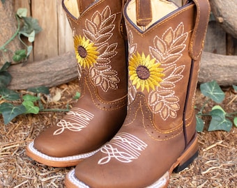 GIRLS TODDLER YOUTH sunflower embroidered western square toe leather cowboy boots