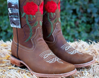 WOMENS COWGIRL cowboy square toe leather rose embroidered BOOTS