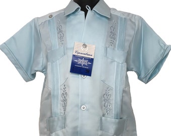 BOYS EMBROIDERED GUAYABERA Mexican wedding baptism short sleeve button up Baby Blue shirt