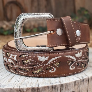 WOMENS FLOWER EMBROIDERED Western cowgirl cowboy leather belt