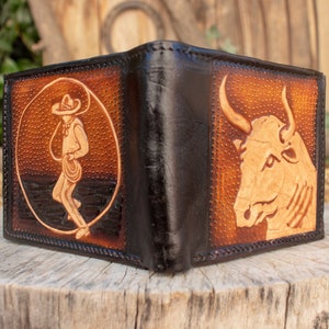 BULL toro CHARRO Leather Stamped floral handcrafted WALLET cockfighting bi-fold  cartera