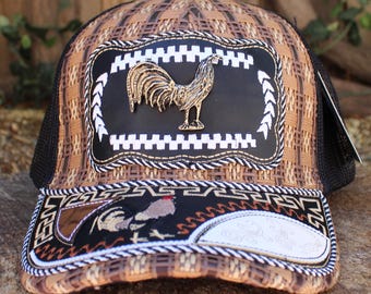 ROOSTER Gallo cockfighting metal plaque western EMBROIDERED HAT adjustable trucker cap