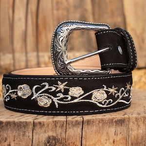 WOMENS BLACK rose EMBROIDERED Western cowgirl cowboy leather belt cinto