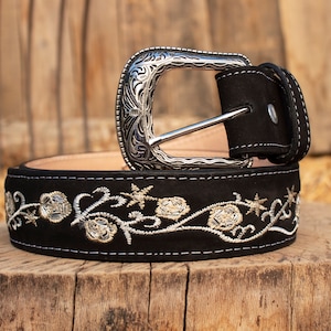 WOMENS BLACK rose EMBROIDERED Western cowgirl cowboy leather belt cinto image 1