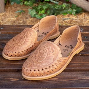 WOMENS MEXICAN SANDALS leather rose stamped shoe huarache