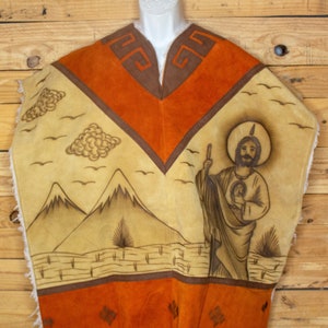 AUTHENTIC SUEDE LEATHER San Judas St Jude stamped sheep wool cowboy Mexican poncho rebozo gaban