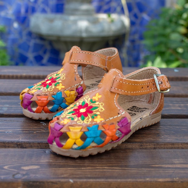 GIRLS WALKER TODDLER Handmade Mexican multi color embroidered leather huarache sandals